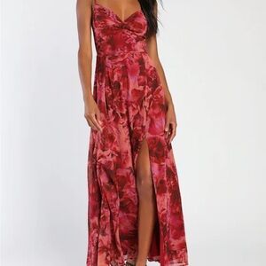 Lulus Soul Burgundy Floral Print Twist-Front Maxi Dress Slit